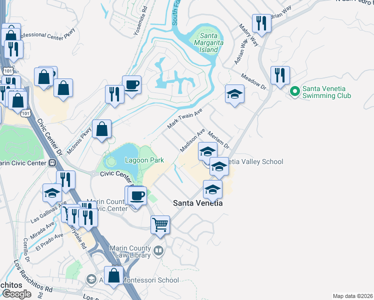 map of restaurants, bars, coffee shops, grocery stores, and more near 170 Madison Avenue in San Rafael