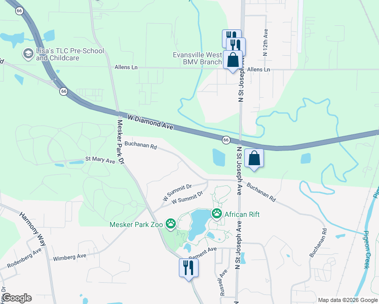 map of restaurants, bars, coffee shops, grocery stores, and more near 2601 Buchanan Road in Evansville