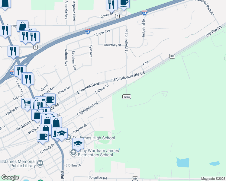 map of restaurants, bars, coffee shops, grocery stores, and more near 607 Celia Street in Saint James