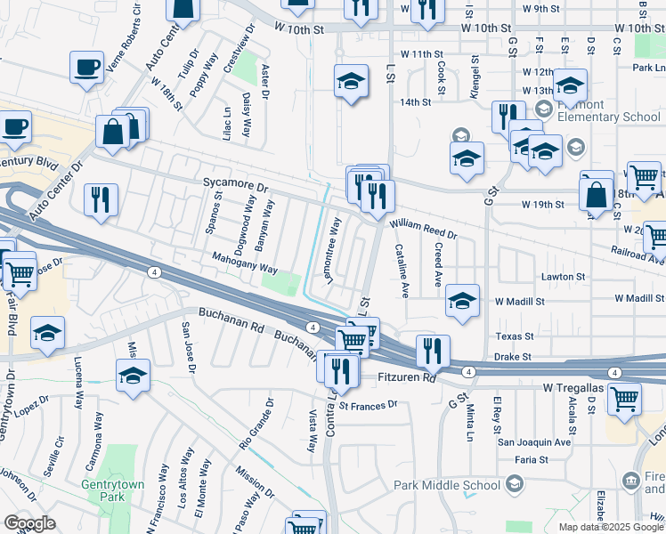 map of restaurants, bars, coffee shops, grocery stores, and more near 2309 Lemontree Way in Antioch