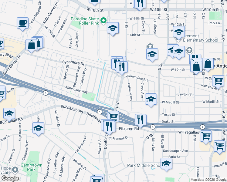 map of restaurants, bars, coffee shops, grocery stores, and more near 2301 Peppertree Way in Antioch