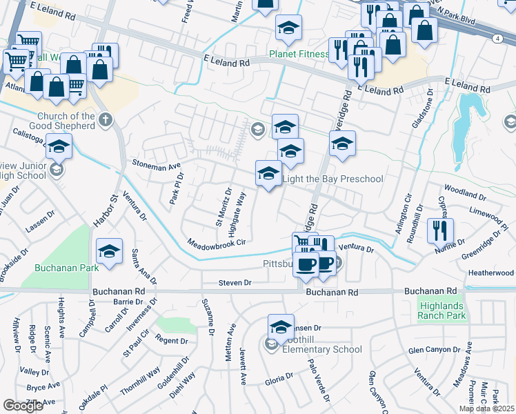 map of restaurants, bars, coffee shops, grocery stores, and more near 3976 Meadowbrook Circle in Pittsburg