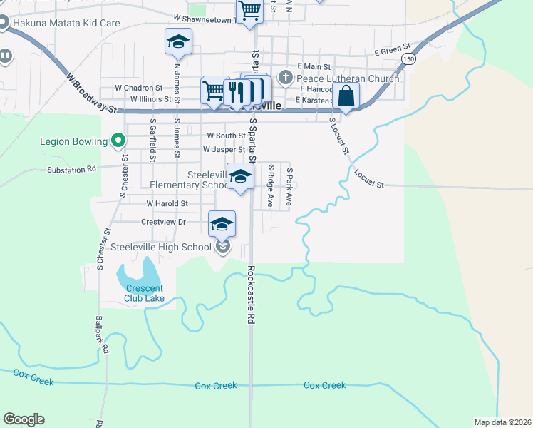map of restaurants, bars, coffee shops, grocery stores, and more near 611 South Ridge Avenue in Steeleville