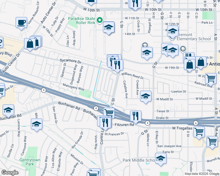map of restaurants, bars, coffee shops, grocery stores, and more near 2301 Peppertree Way in Antioch