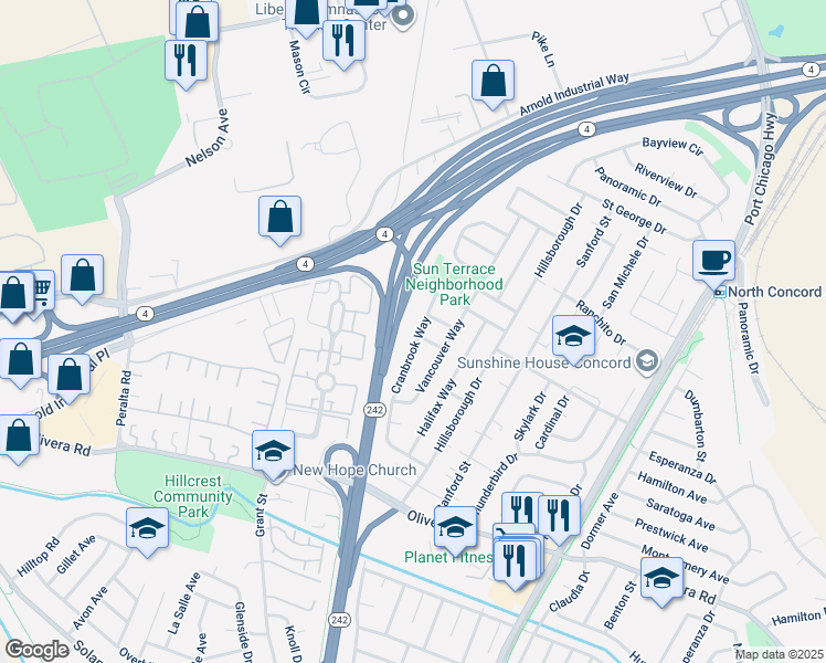 map of restaurants, bars, coffee shops, grocery stores, and more near 3574 Cranbrook Way in Concord