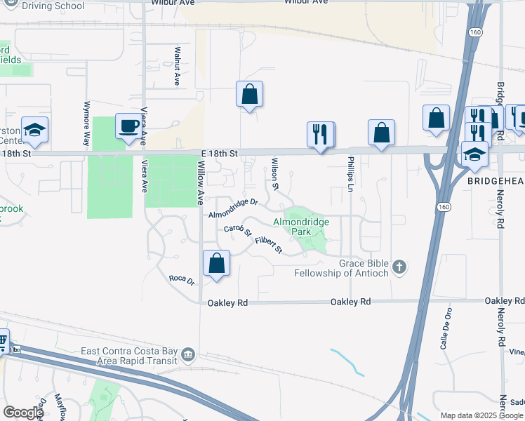 map of restaurants, bars, coffee shops, grocery stores, and more near 2034 Sugar Pine Street in Antioch