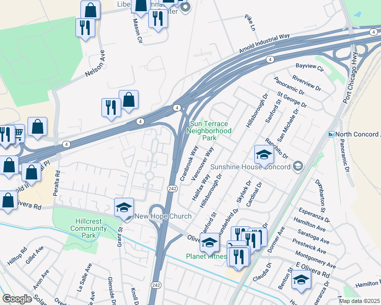 map of restaurants, bars, coffee shops, grocery stores, and more near 3574 Cranbrook Way in Concord
