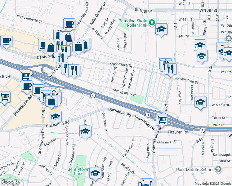 map of restaurants, bars, coffee shops, grocery stores, and more near 2405 Shadow Lane in Antioch