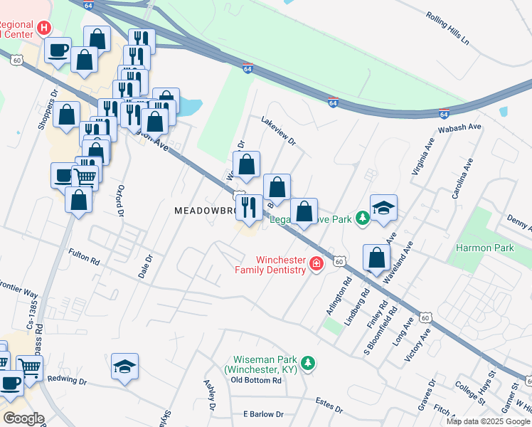 map of restaurants, bars, coffee shops, grocery stores, and more near 1 Bel Air Drive in Winchester