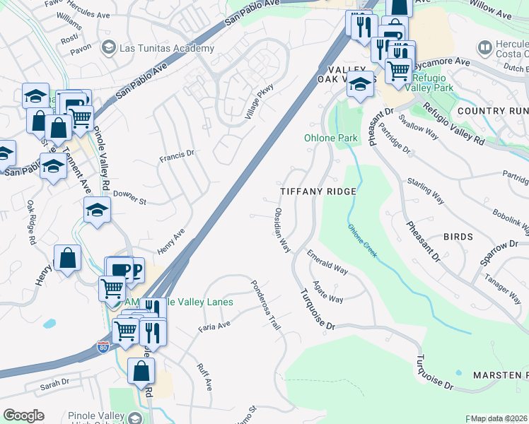 map of restaurants, bars, coffee shops, grocery stores, and more near 121 Peridot Court in Hercules