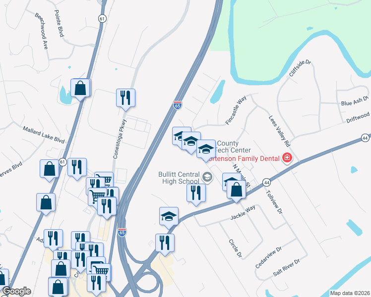 map of restaurants, bars, coffee shops, grocery stores, and more near 140 Huron Court in Shepherdsville
