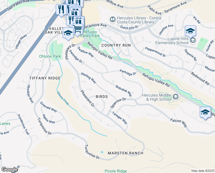 map of restaurants, bars, coffee shops, grocery stores, and more near 130 Bobolink Way in Hercules