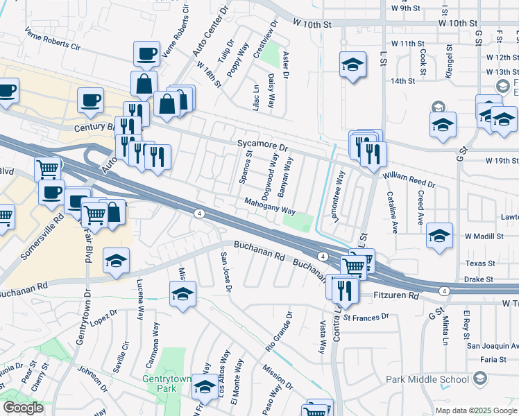 map of restaurants, bars, coffee shops, grocery stores, and more near 1701 Mahogany Way in Antioch