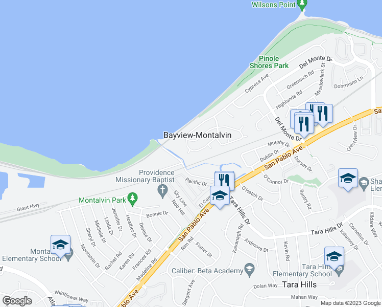 map of restaurants, bars, coffee shops, grocery stores, and more near 2014 Southwood Drive in San Pablo