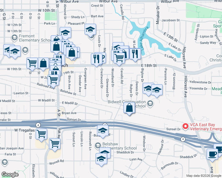 map of restaurants, bars, coffee shops, grocery stores, and more near 2004 Woodland Drive in Antioch