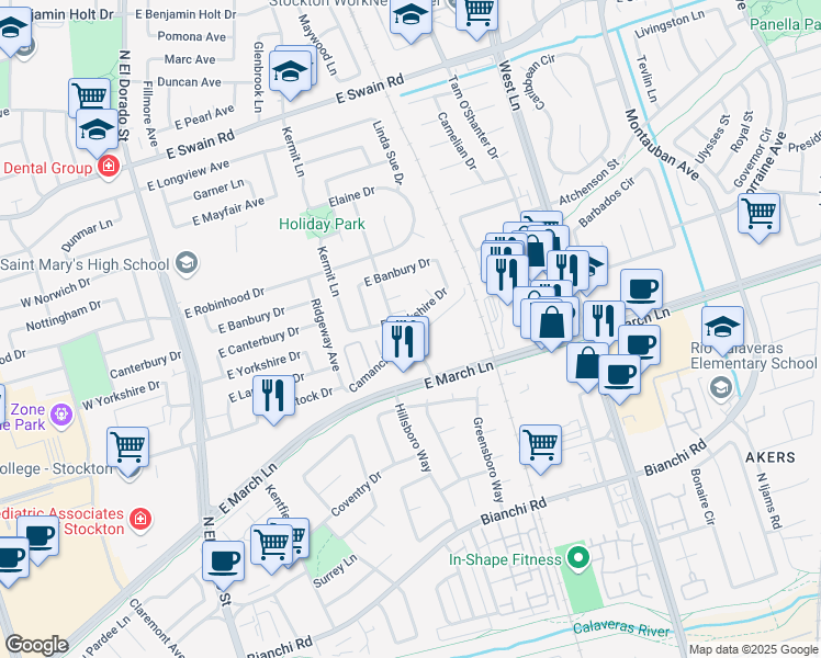 map of restaurants, bars, coffee shops, grocery stores, and more near 824 East Yorkshire Drive in Stockton