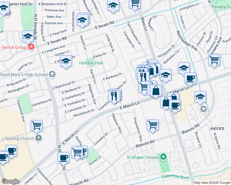 map of restaurants, bars, coffee shops, grocery stores, and more near 824 East Yorkshire Drive in Stockton