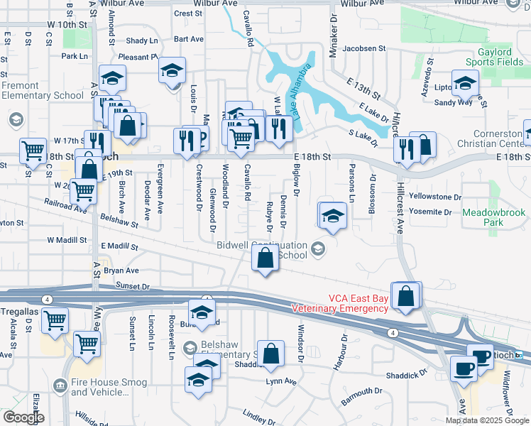 map of restaurants, bars, coffee shops, grocery stores, and more near 2000 Rubye Drive in Antioch