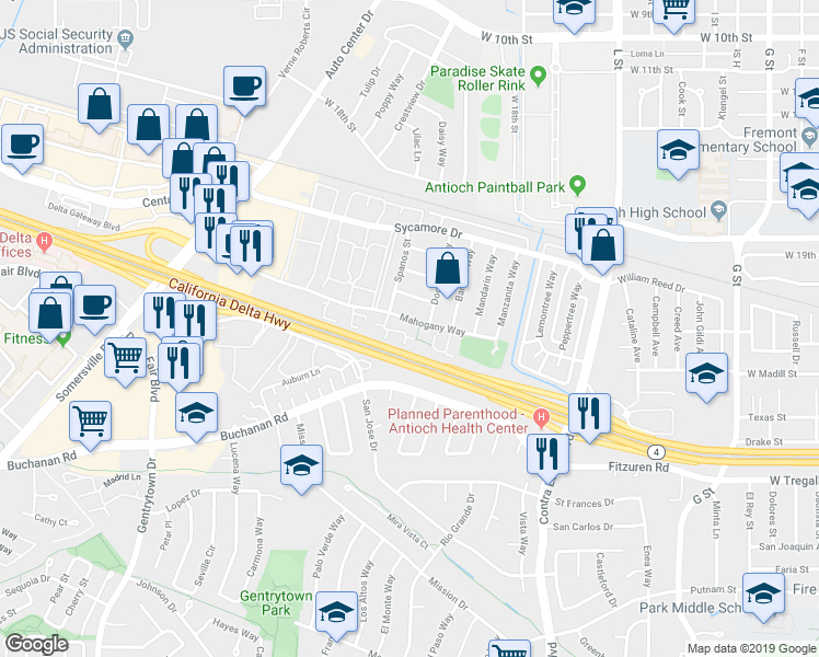 map of restaurants, bars, coffee shops, grocery stores, and more near 2405 Shadow Lane in Antioch