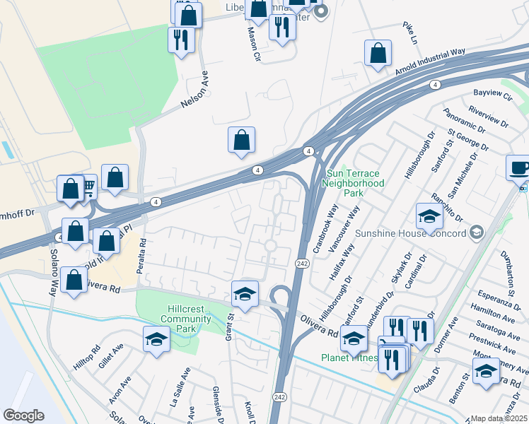 map of restaurants, bars, coffee shops, grocery stores, and more near 3600 Northwood Drive in Concord