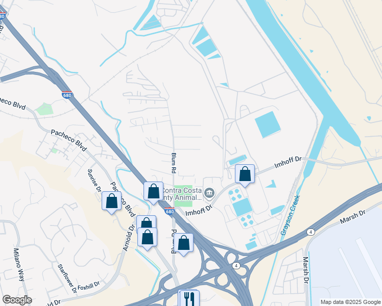 map of restaurants, bars, coffee shops, grocery stores, and more near 13 Benita Way in Martinez