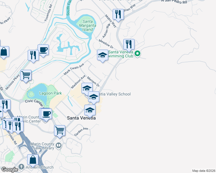 map of restaurants, bars, coffee shops, grocery stores, and more near 2 Cushing Avenue in San Rafael
