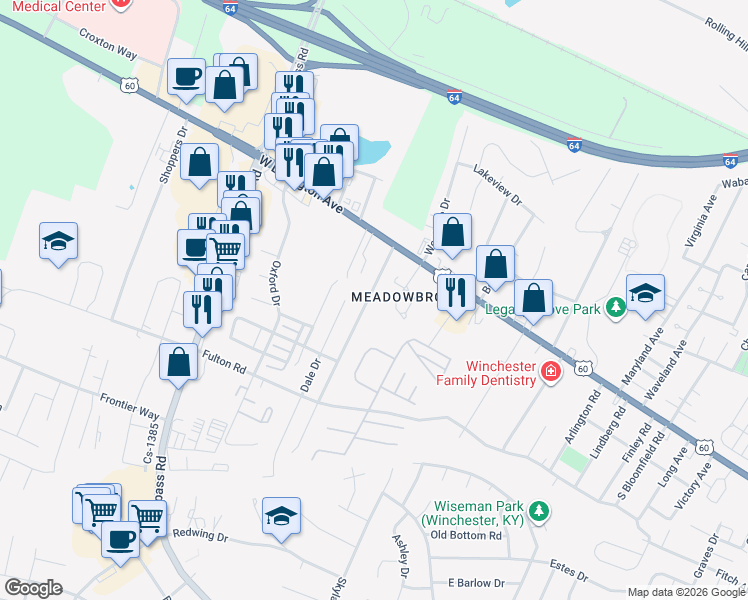 map of restaurants, bars, coffee shops, grocery stores, and more near 3474 Stamper Drive in Winchester
