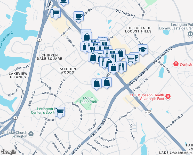 map of restaurants, bars, coffee shops, grocery stores, and more near 151 South Locust Hill Drive in Lexington
