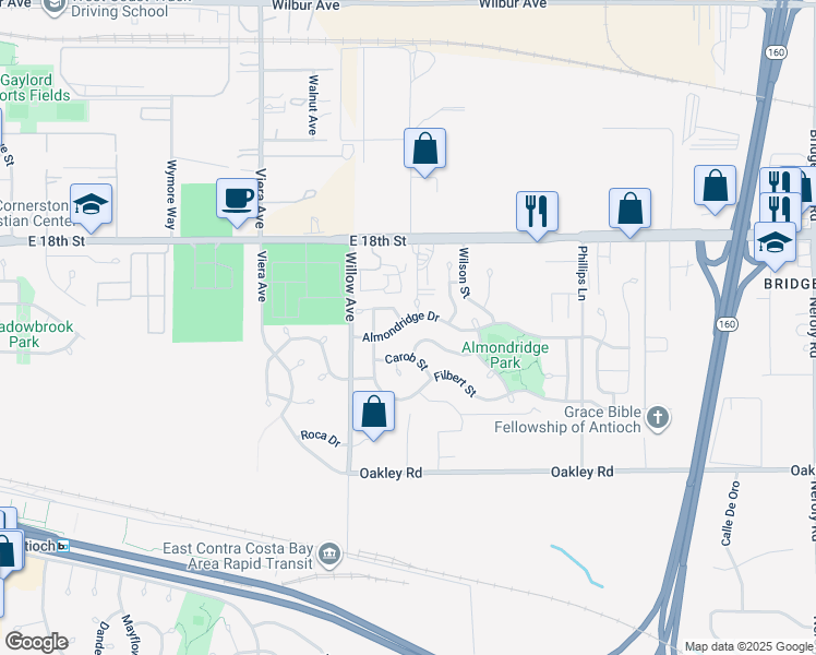 map of restaurants, bars, coffee shops, grocery stores, and more near 2728 Almondridge Drive in Antioch