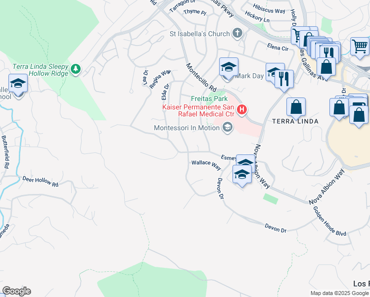 map of restaurants, bars, coffee shops, grocery stores, and more near 790 Tamarack Drive in San Rafael