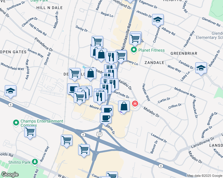 map of restaurants, bars, coffee shops, grocery stores, and more near 2483 Nicholasville Rd in Lexington