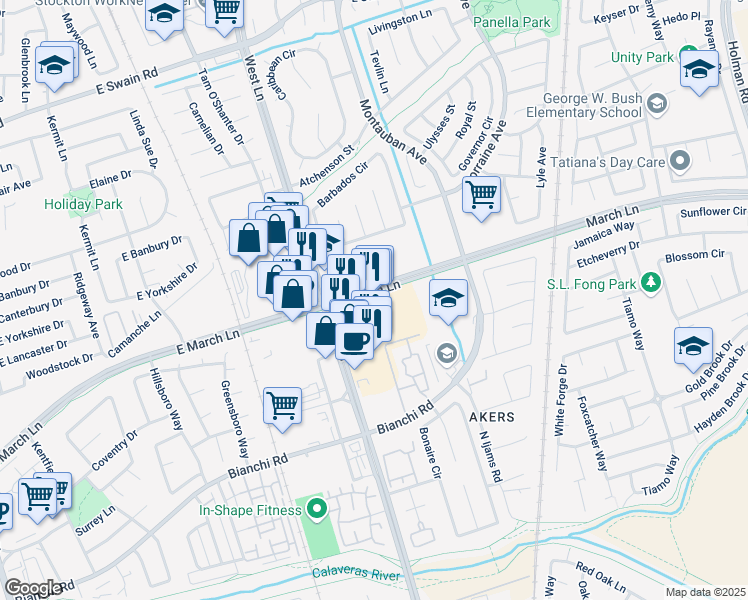 map of restaurants, bars, coffee shops, grocery stores, and more near 1540 East March Lane in Stockton