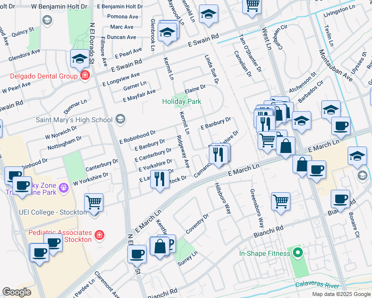 map of restaurants, bars, coffee shops, grocery stores, and more near 5431 Kermit Lane in Stockton