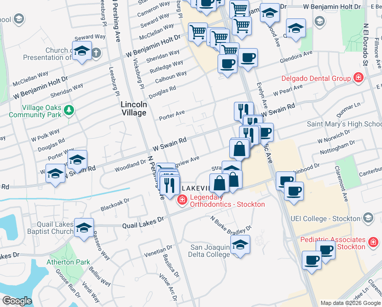 map of restaurants, bars, coffee shops, grocery stores, and more near 5917 Fern Street in Stockton
