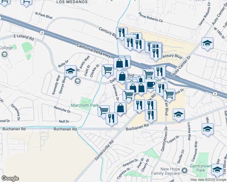 map of restaurants, bars, coffee shops, grocery stores, and more near 3609 Fairview Drive in Antioch