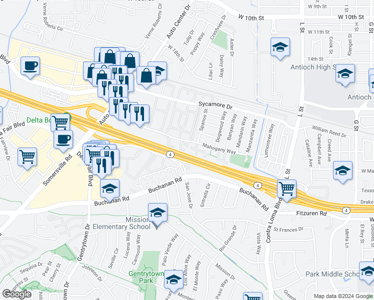 map of restaurants, bars, coffee shops, grocery stores, and more near 2415 Horizon Lane in Antioch