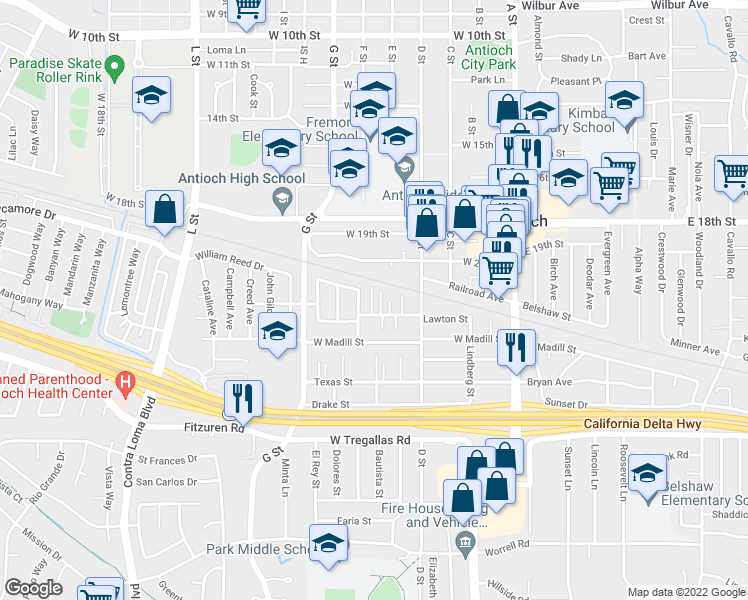map of restaurants, bars, coffee shops, grocery stores, and more near 414 Lawton Street in Antioch
