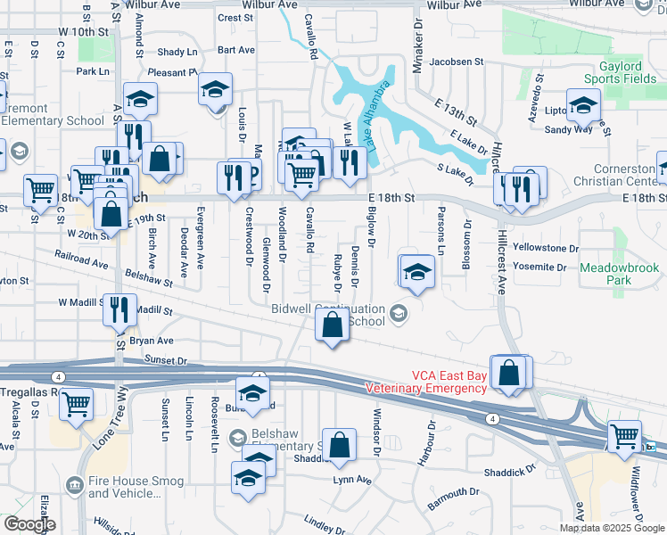 map of restaurants, bars, coffee shops, grocery stores, and more near 2000 Rubye Drive in Antioch
