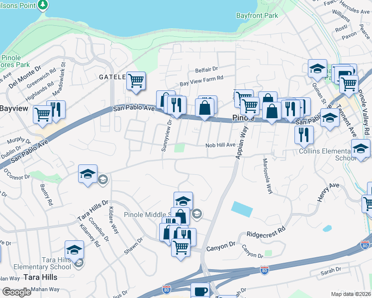 map of restaurants, bars, coffee shops, grocery stores, and more near 1107 Nob Hill Avenue in Pinole