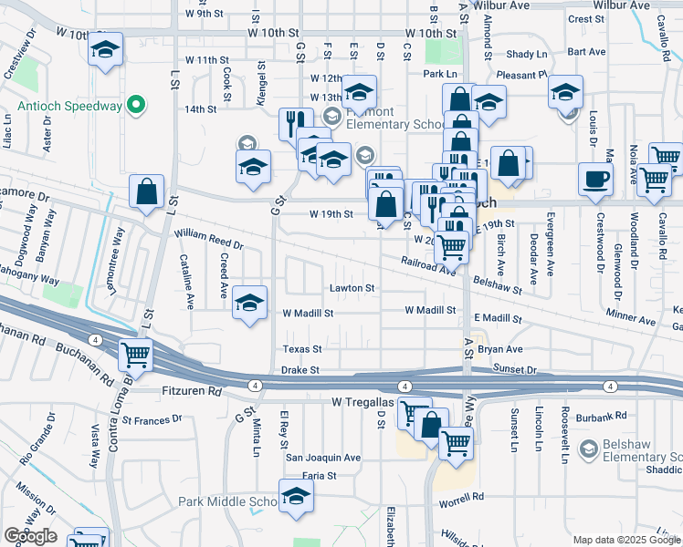 map of restaurants, bars, coffee shops, grocery stores, and more near 410 Lawton Street in Antioch
