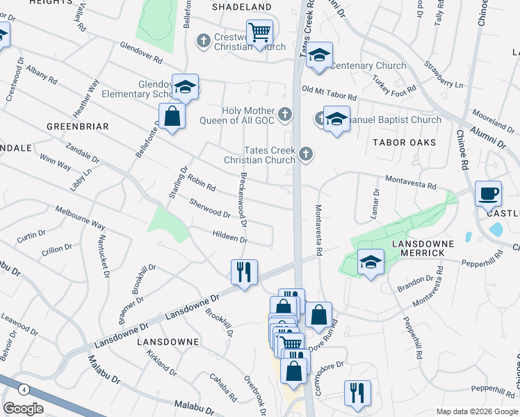 map of restaurants, bars, coffee shops, grocery stores, and more near 864 Robin Road in Lexington