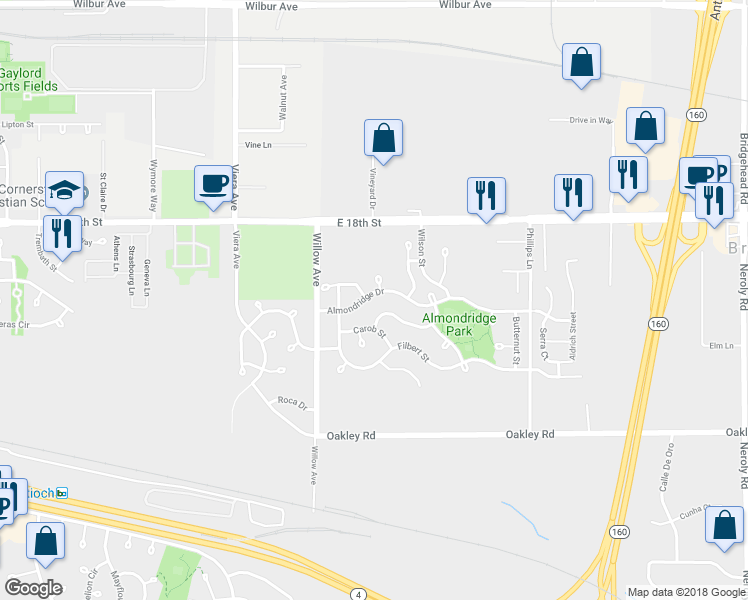 map of restaurants, bars, coffee shops, grocery stores, and more near 2732 Almondridge Drive in Antioch