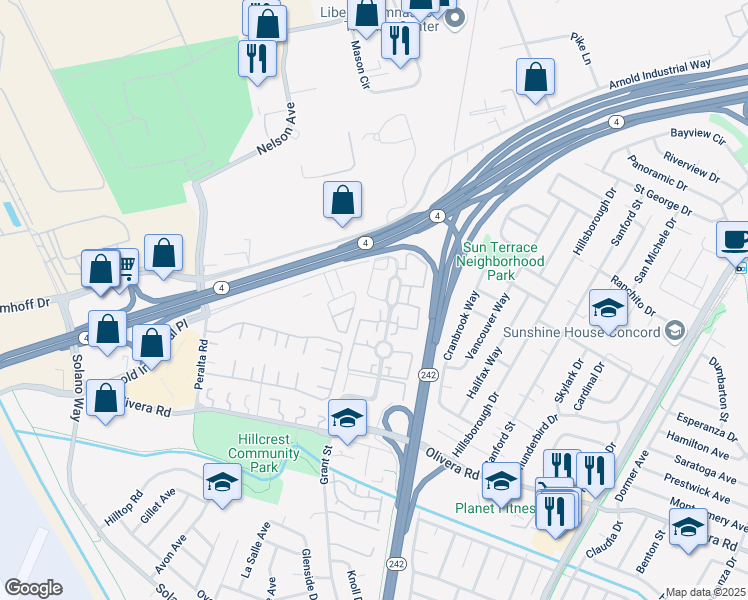 map of restaurants, bars, coffee shops, grocery stores, and more near 3610 Northwood Drive in Concord