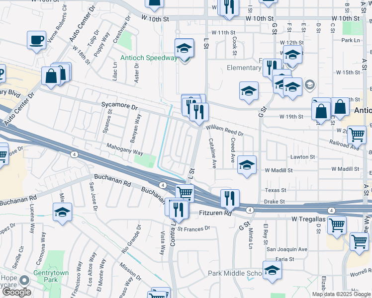 map of restaurants, bars, coffee shops, grocery stores, and more near 2213 Peppertree Way in Antioch