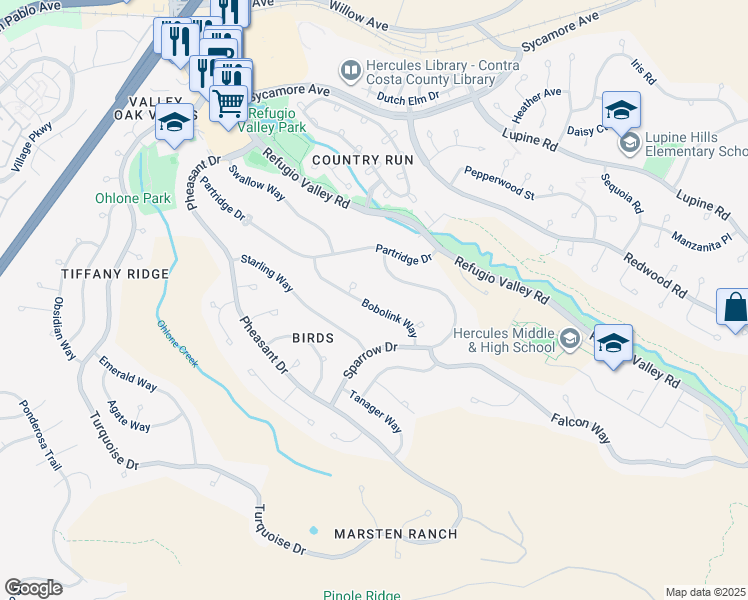 map of restaurants, bars, coffee shops, grocery stores, and more near 199 Bobolink Way in Hercules