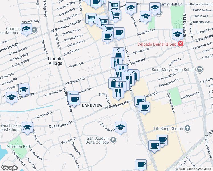 map of restaurants, bars, coffee shops, grocery stores, and more near 902 West Longview Avenue in Stockton
