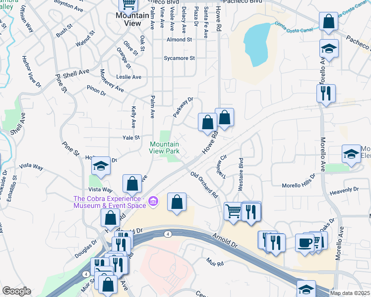 map of restaurants, bars, coffee shops, grocery stores, and more near 309 Southpark Court in Martinez