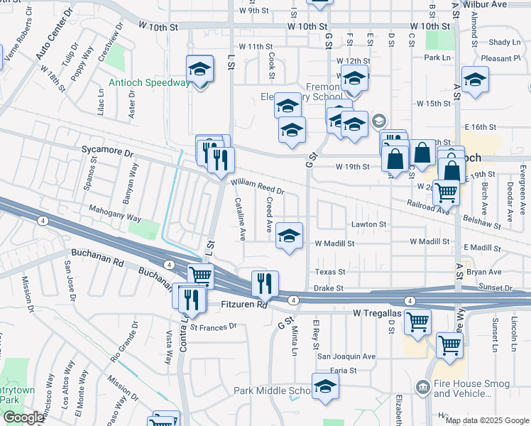 map of restaurants, bars, coffee shops, grocery stores, and more near 201 Creed Avenue in Antioch