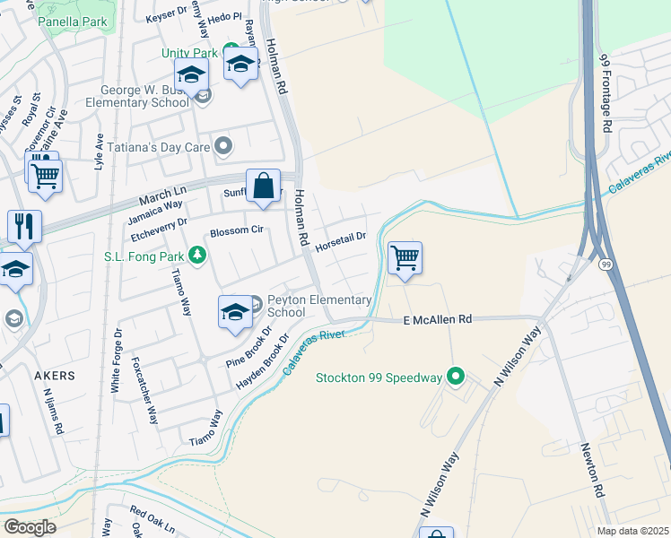 map of restaurants, bars, coffee shops, grocery stores, and more near 2929 Water Mill Court in Stockton