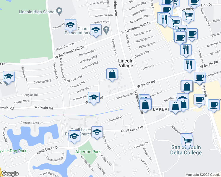 map of restaurants, bars, coffee shops, grocery stores, and more near 1691 West Swain Road in Stockton